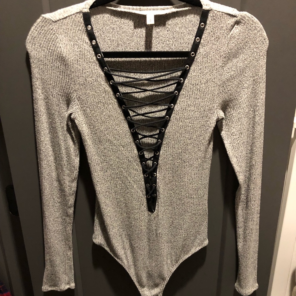 Gray deep vneck  unitard